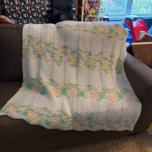 Handmade gender neutral colorful chevron knit baby blanket